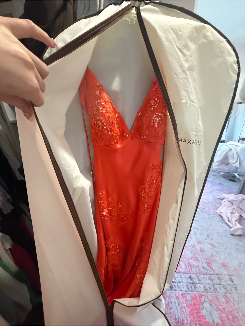 Elegant Orange Sequin Embellished Prom Dress